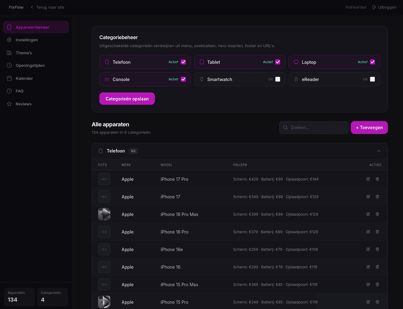 FixFlow apparaatbeheer met categorieen en prijzen