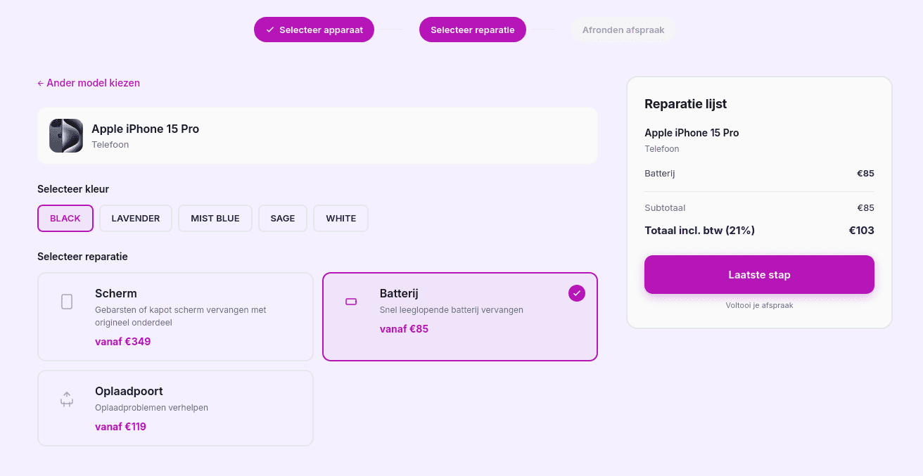 FixFlow boekingsscherm voor reparatieafspraak