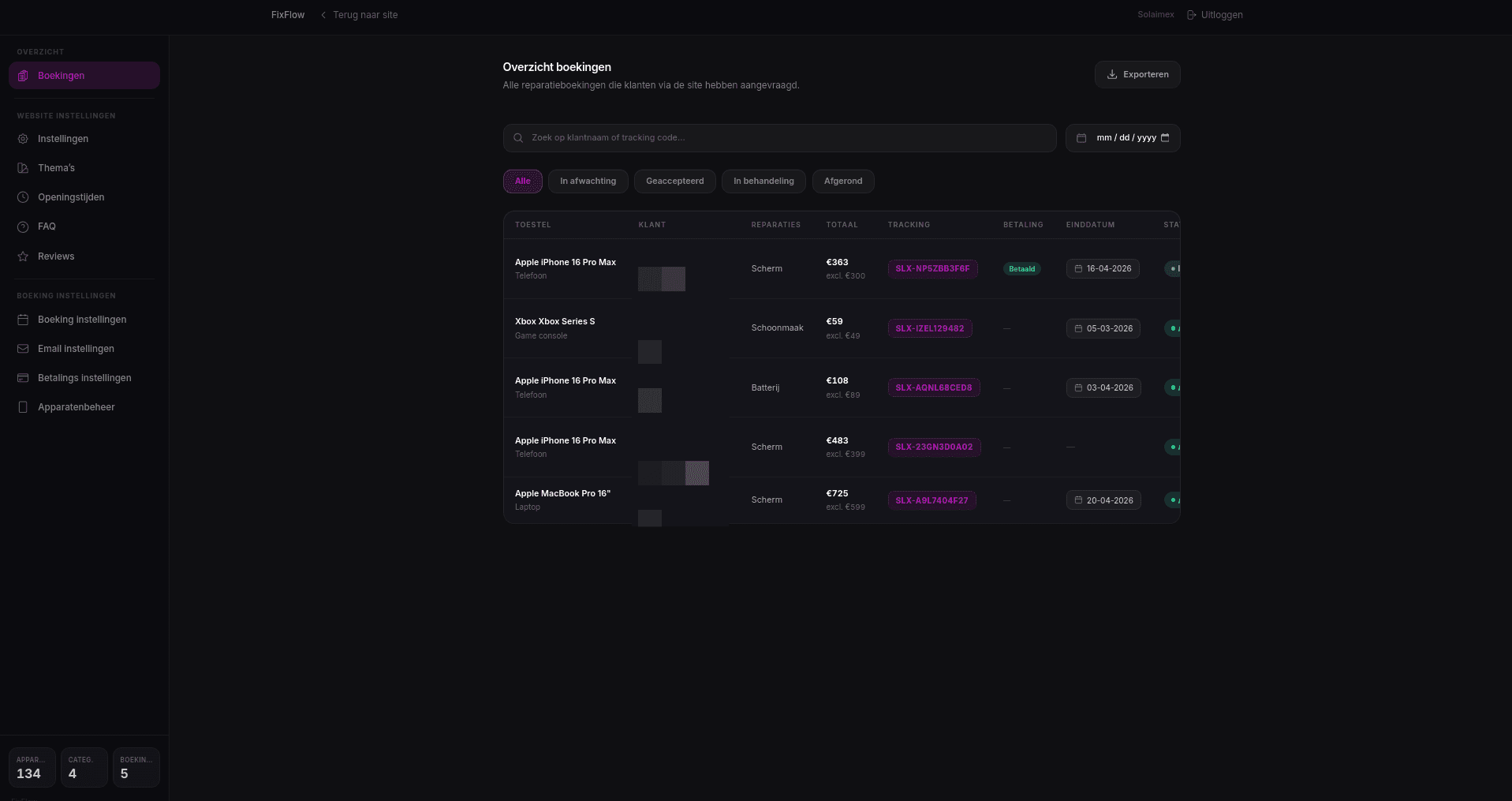 Overzicht klantportaal in FixFlow