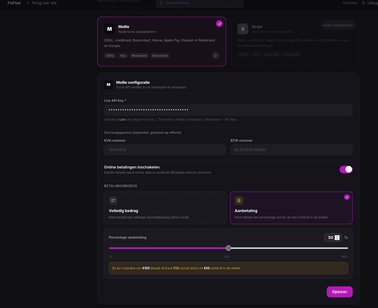 Betalingsinstellingen met aanbetalingspercentage in FixFlow Pro