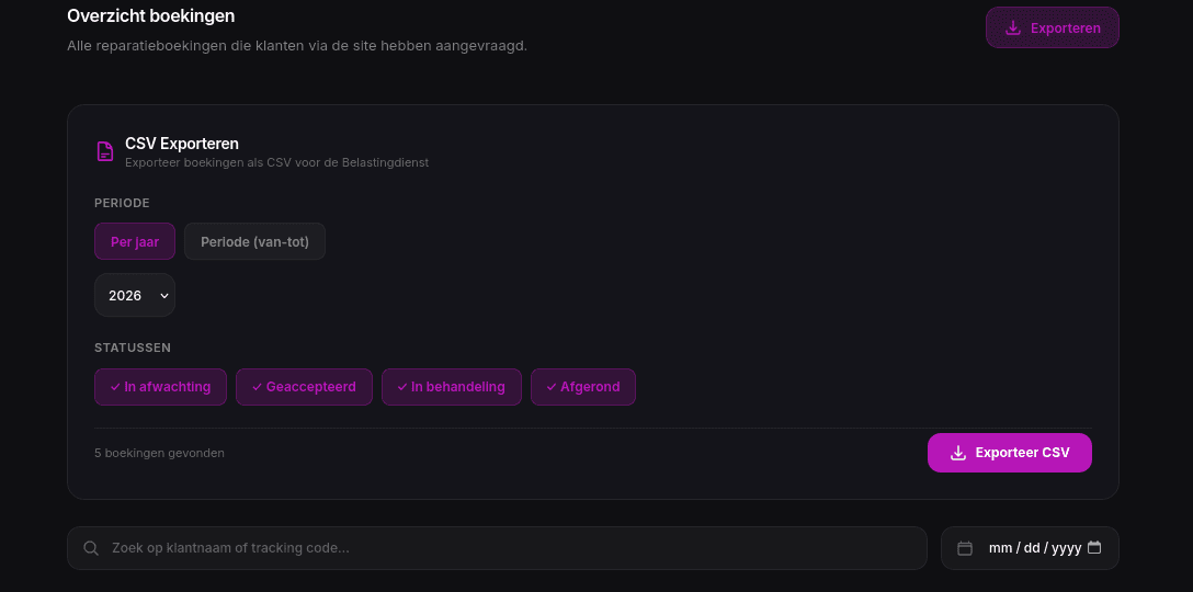 CSV-export en boekingsoverzicht in FixFlow Pro