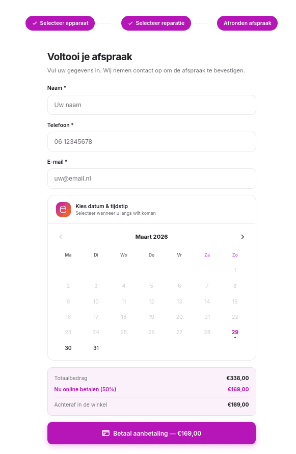 Klant vult boeking af met online betaling in FixFlow Pro
